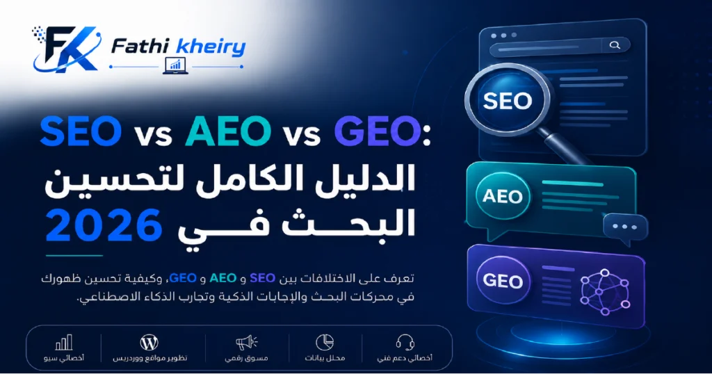 SEO مقابل AEO مقابل GEO: الدليل الشامل لتحسين الظهور في محركات البحث ومحركات الإجابات ومحركات الذكاء الاصطناعي لعام 2026 SEO SEO vs GEO vs AEO Fathi kheiry